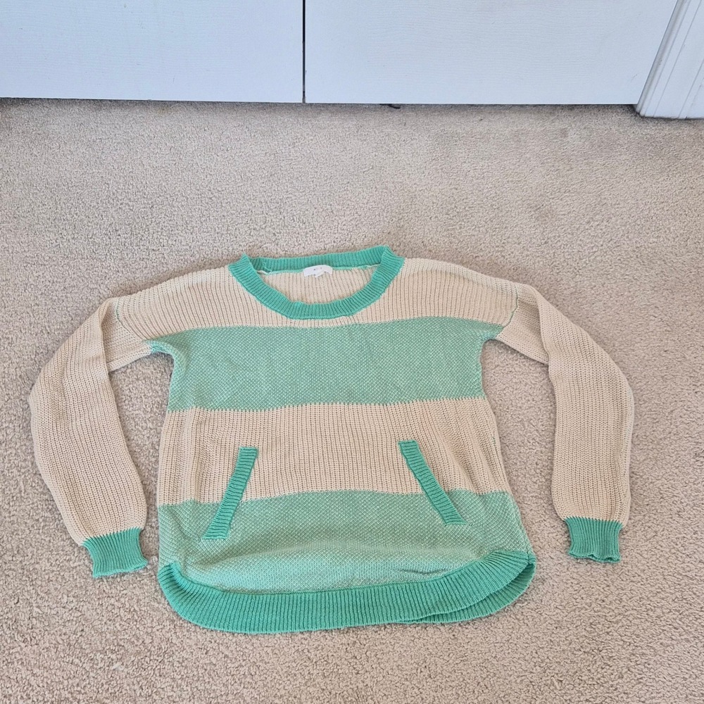MINE Coastal Grandmother Knit Sweater M Mint Green Striped Beach Boho Preppy